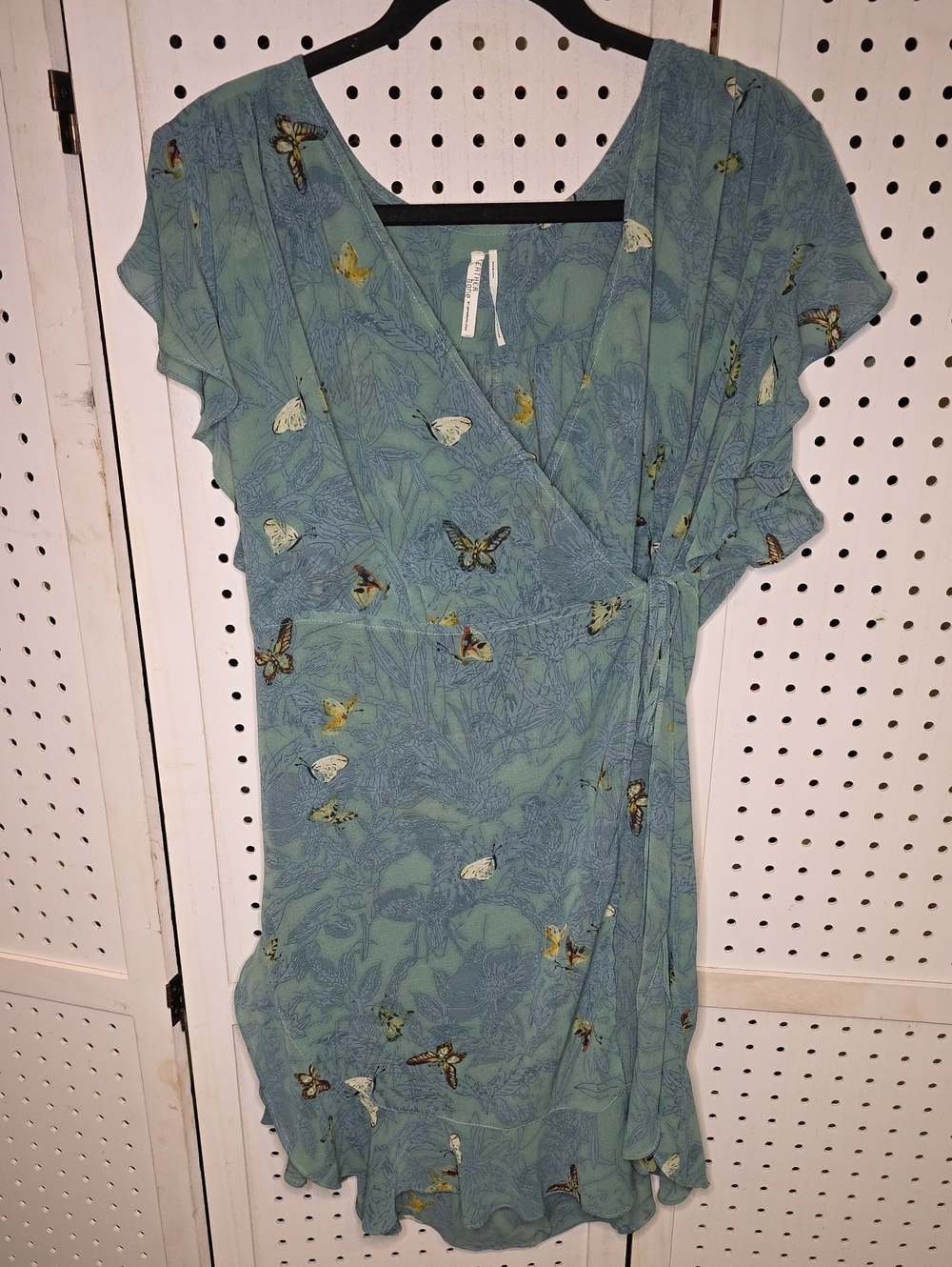 Anthropologie Teal Butterfly Wrap Tunic Dress Large Feather Bone